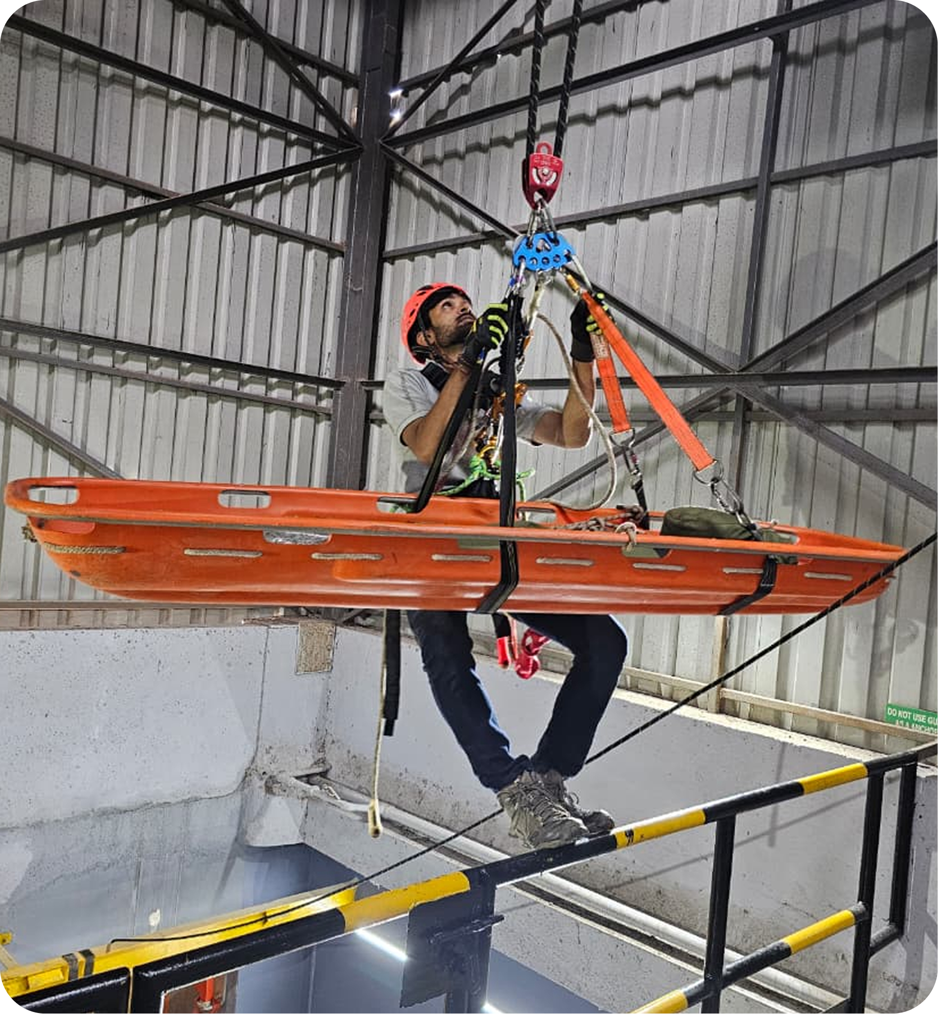 Rope rescue - rescuer with stretcher in training environment