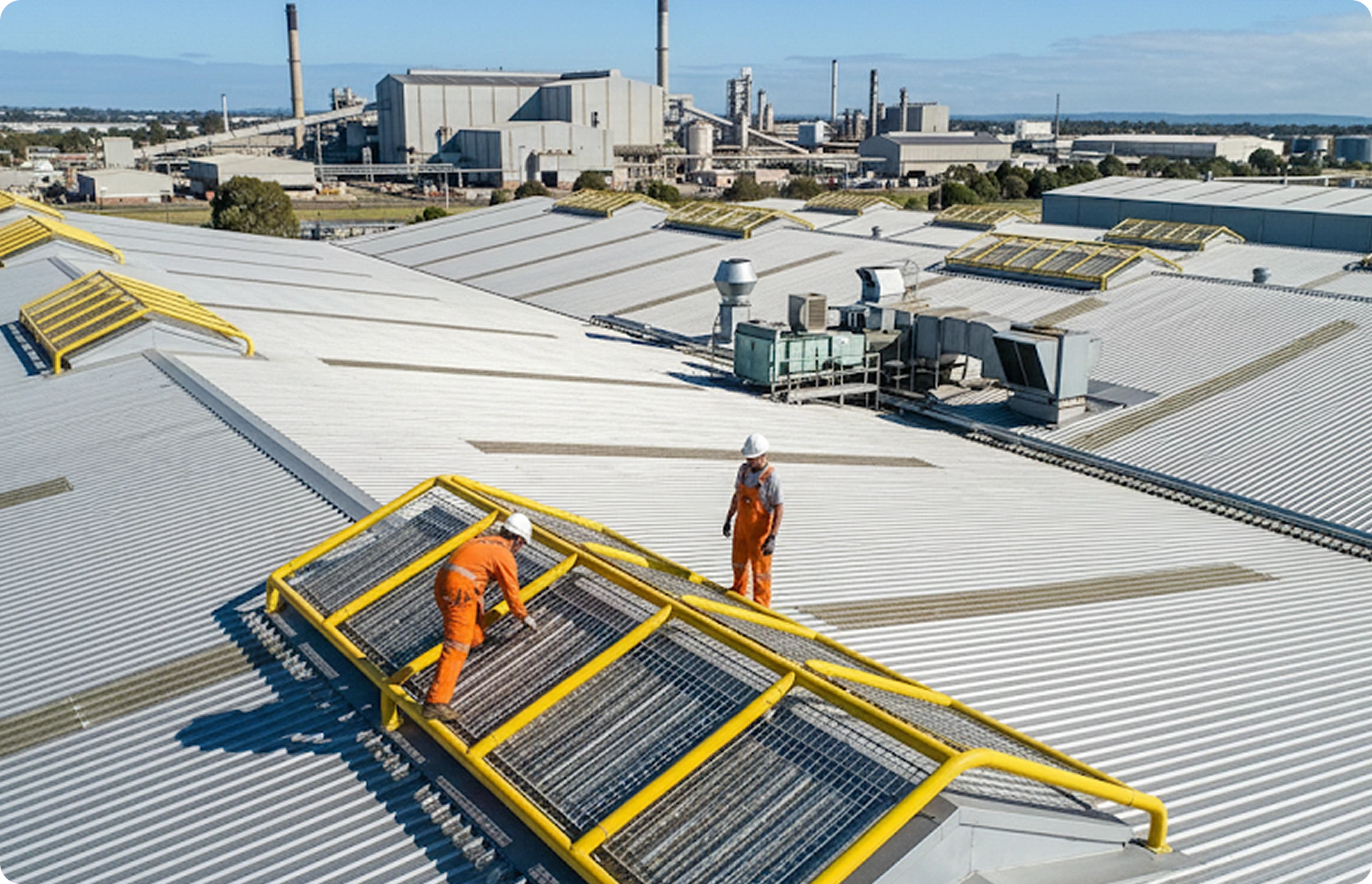 Industrial roof with skylight protector from elevated view